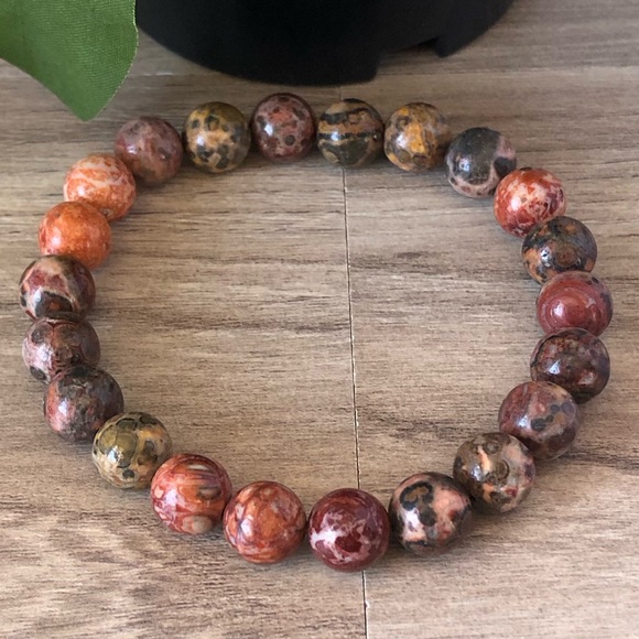 Red Leopard Jasper Natural Stone Beads Stretchable Bracelet 7" - 8mm Beads - Picture 2 of 2